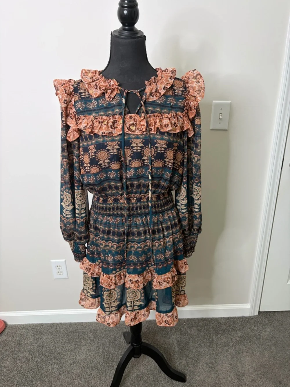 NWT AUREUM Teal and Peach Ruffled Long-Sleeve Tiered Mini Dress - Picture 1 of 9